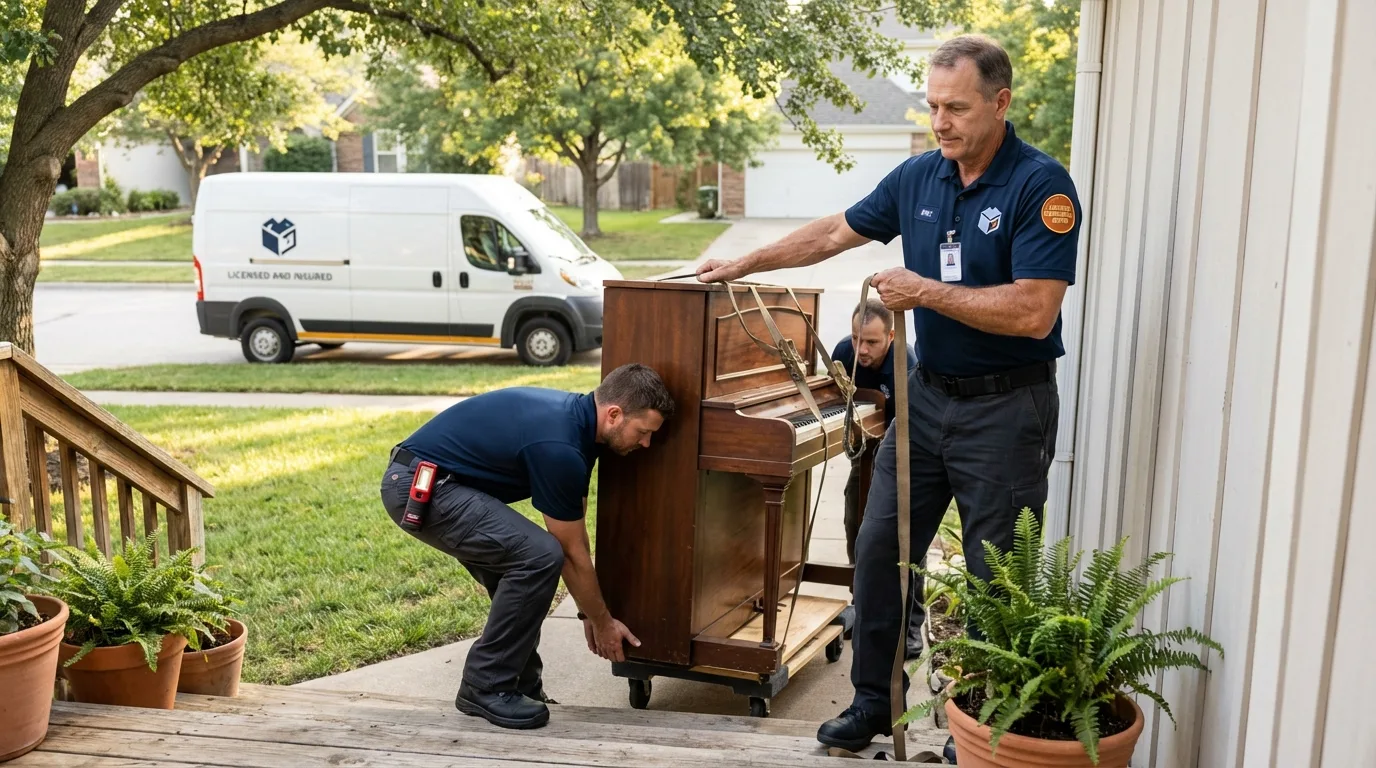 Licensed piano movers securing grand piano in South Yarmouth, MA