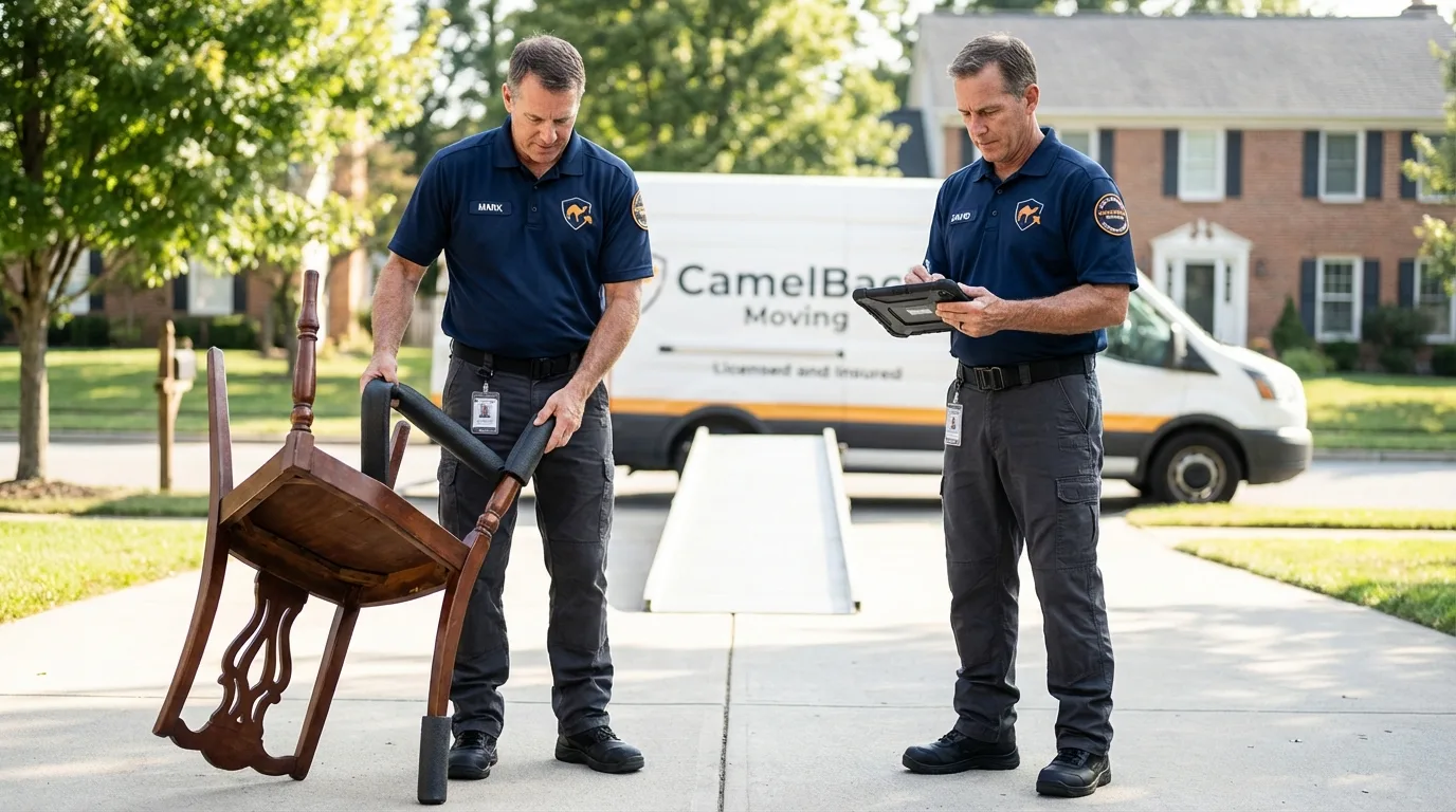 Movers inspecting furniture for damage prevention before loading in South Yarmouth, MA