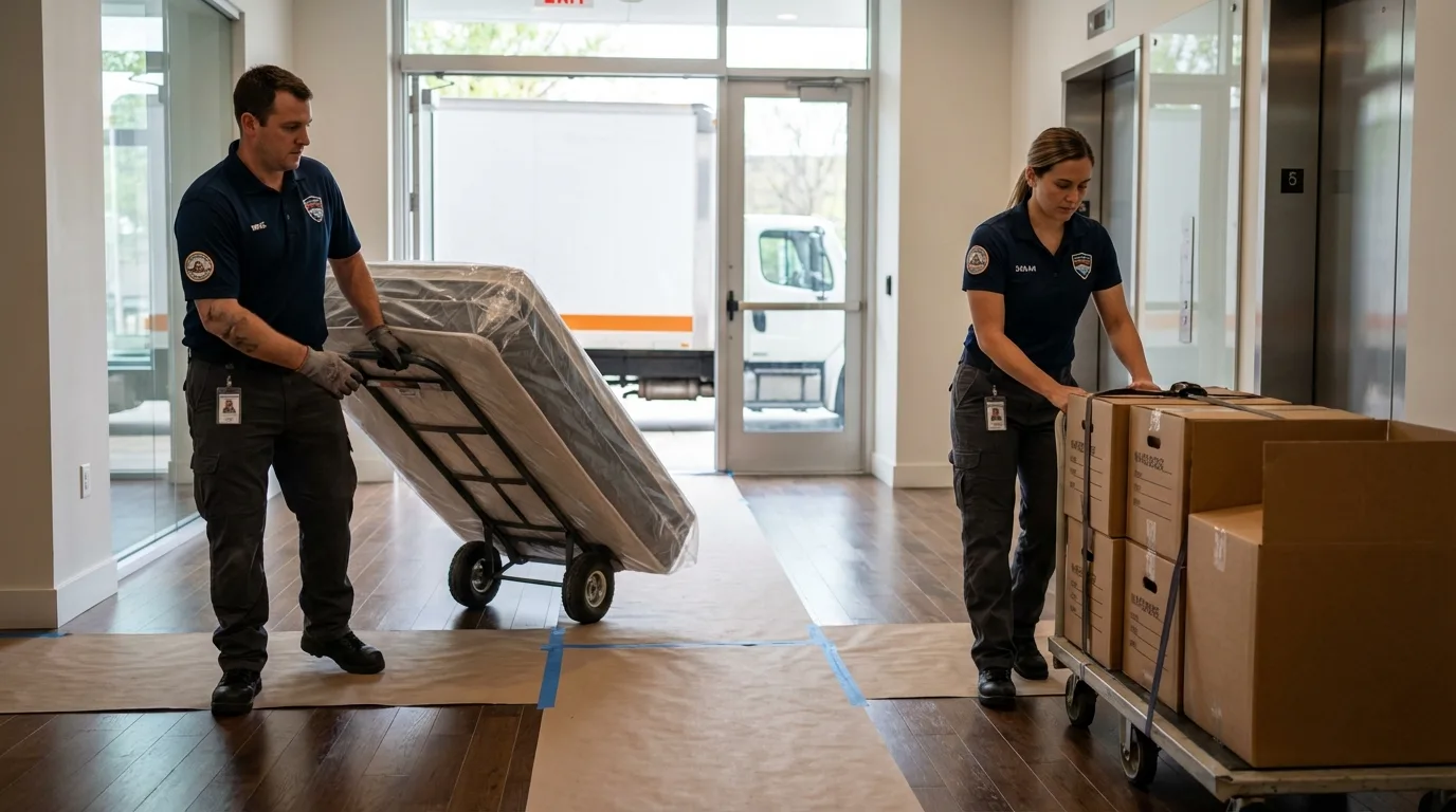 Professional apartment movers loading elevator in South Yarmouth, MA