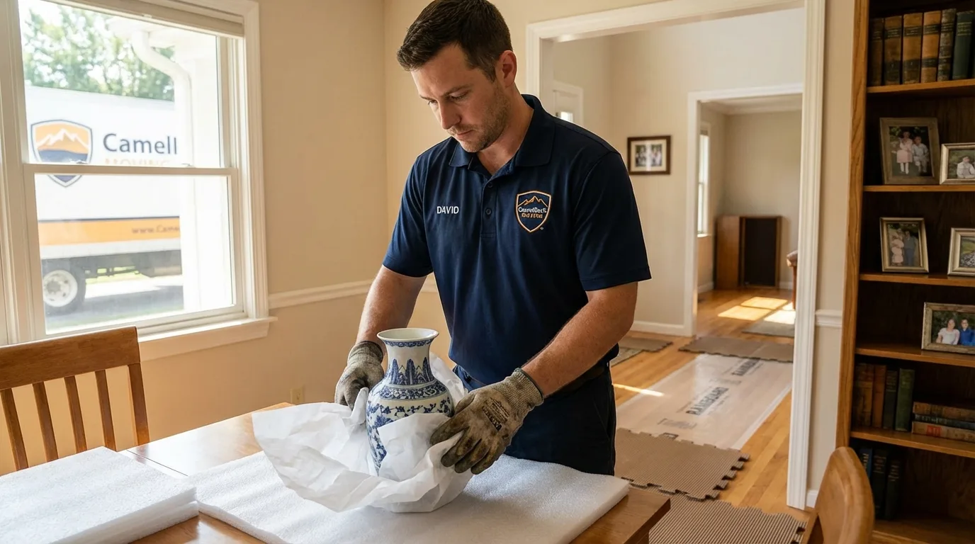 Professional crew carefully wrapping antique vase for senior downsizing move in South Yarmouth, MA