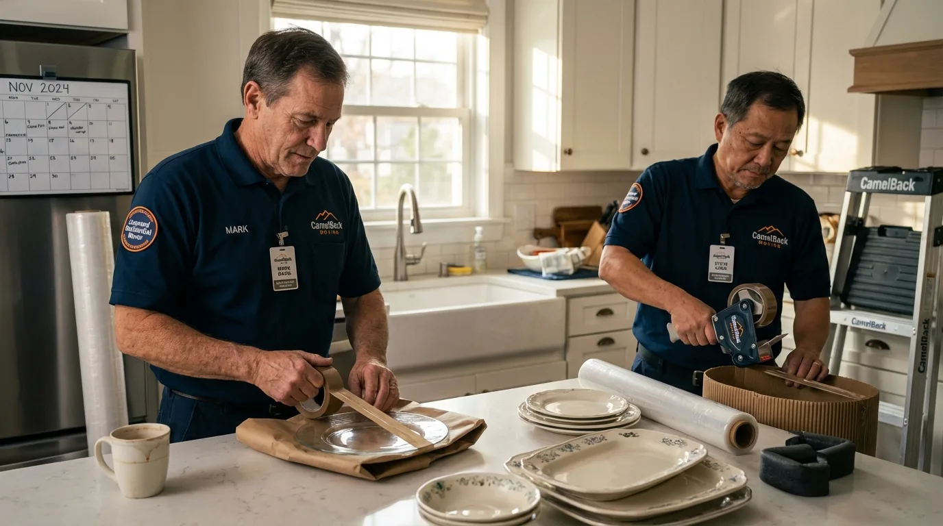 Professional crew packing kitchen dishware in South Yarmouth, MA